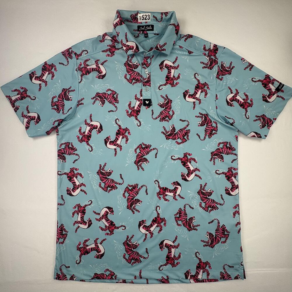 Bad Birdie Polo Shirt Mens Large Blue Tiger Print Golf Stretch Performance